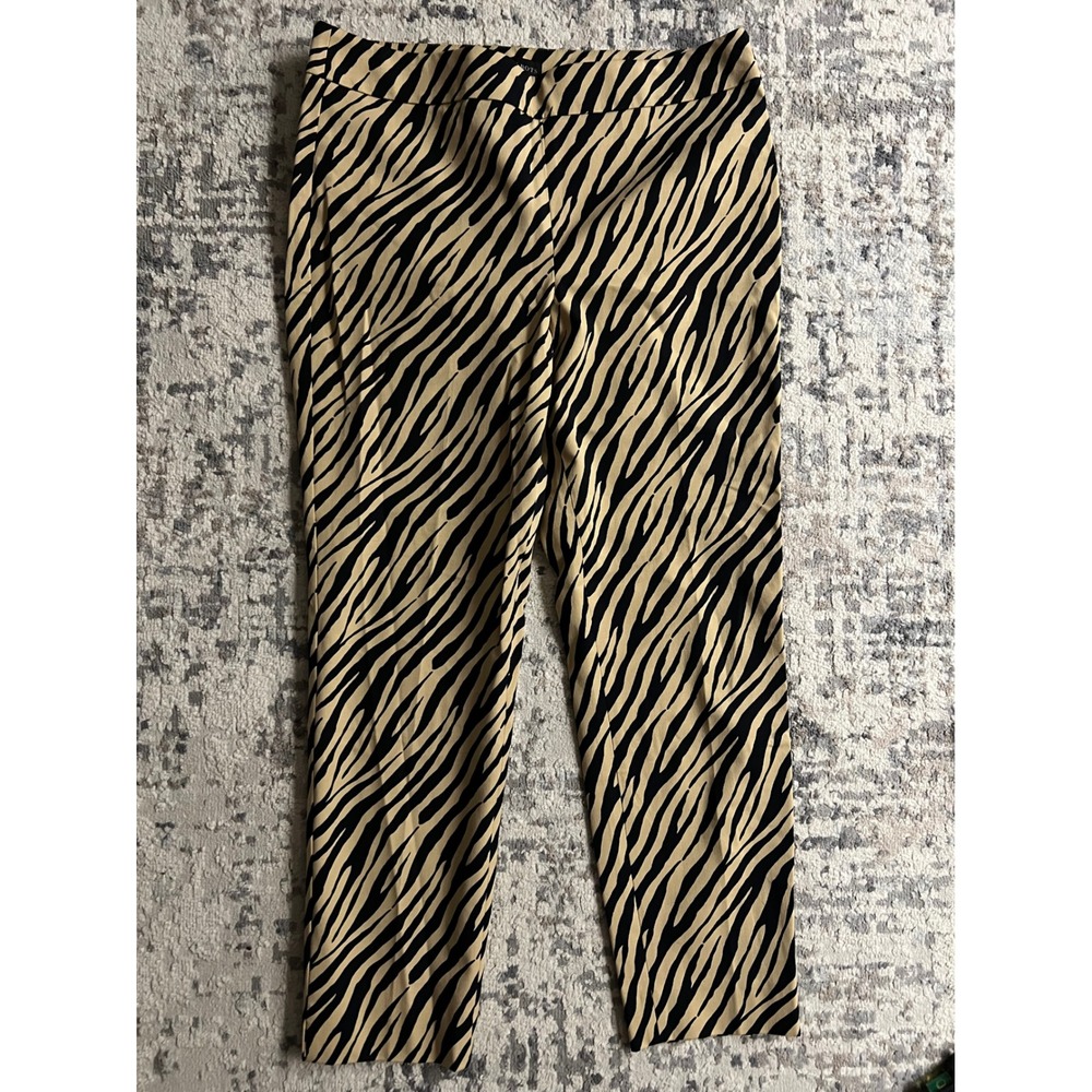 Talbots Chatham Ankle Pant 14 Zebra Animal Print Tan Black Side Zip Slim Leg